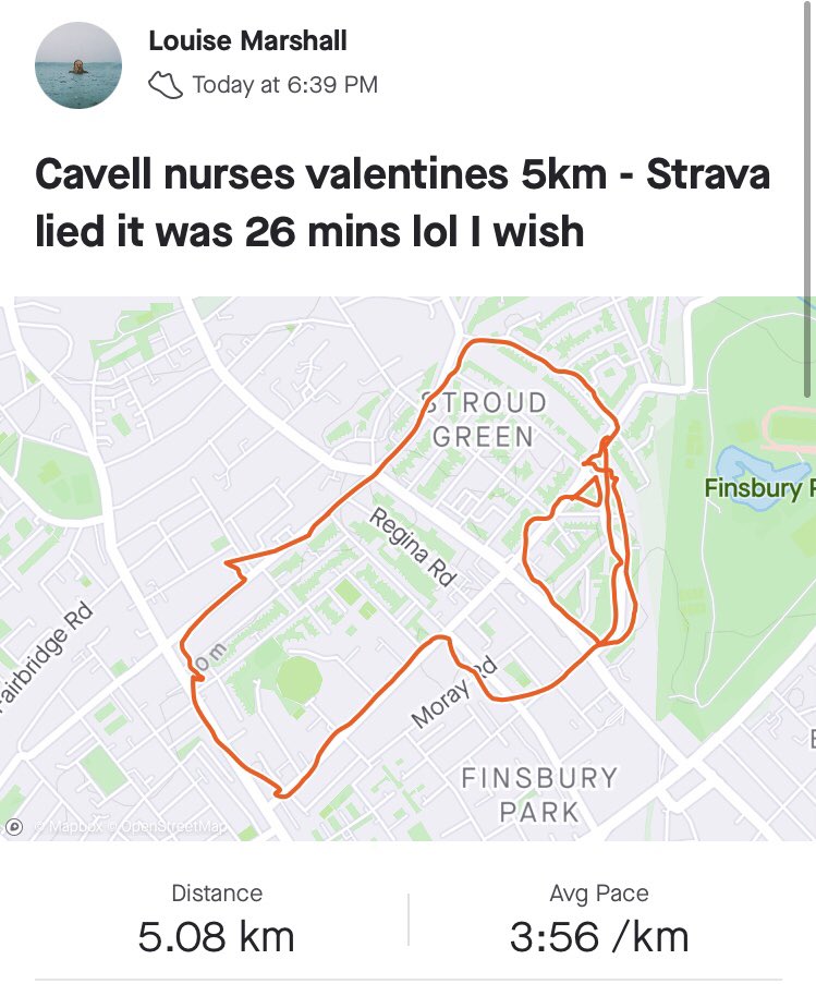 My strava stopped recording on my icy cold ❄️ 5km last week so last night I popped out and got it done. <a href="/CavellTrust/">Cavell Nurses' Trust</a> valentines 5km <a href="/KathEvans2/">🌟 Kath Evans RGN RSCN 💙💛</a> <a href="/nellyfletch71/">Neil Fletcher</a> it doesn’t look like a heart though.... maybe if you squint and hold your phone really far away.. 💖