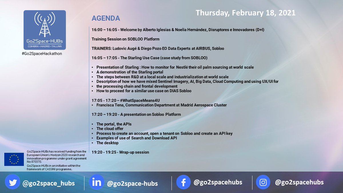 go2space_hubs's tweet photo. #Go2SpaceHackathon Today #Training Session on @soblooservices, @MadridAeroSpace and the campaign #WhatSpaceMeans4U Join us! ➡️https://t.co/EvhShbDs41 @CopernicusEU #sentinel @AirbusSpace https://t.co/8RQjtl39T9