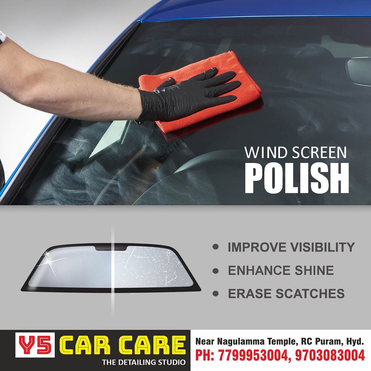 Y5 Car Care on X: Give your car's windscreen a super glossy shine &  Protection from windshield scratches & stains with Y5 Car Care Wind Screen  Polish. For more details: 7799953004, 9703083004 #