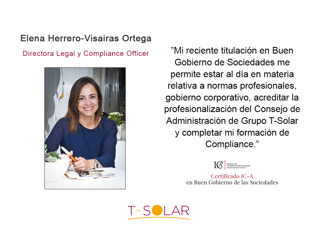 TSolarGroup's tweet photo. Nuestra Directora Legal y Compliance Officer Elena Herrero-Visairas Ortega nos habla sobre su formación en “El Buen Gobierno de Sociedades” en el que se ha certificado recientemente por el Instituto de Consejeros-Administradores IC-A: #ICA #BuenGobiernoCorporativo #Consejeros https://t.co/RWwLFJXBYf