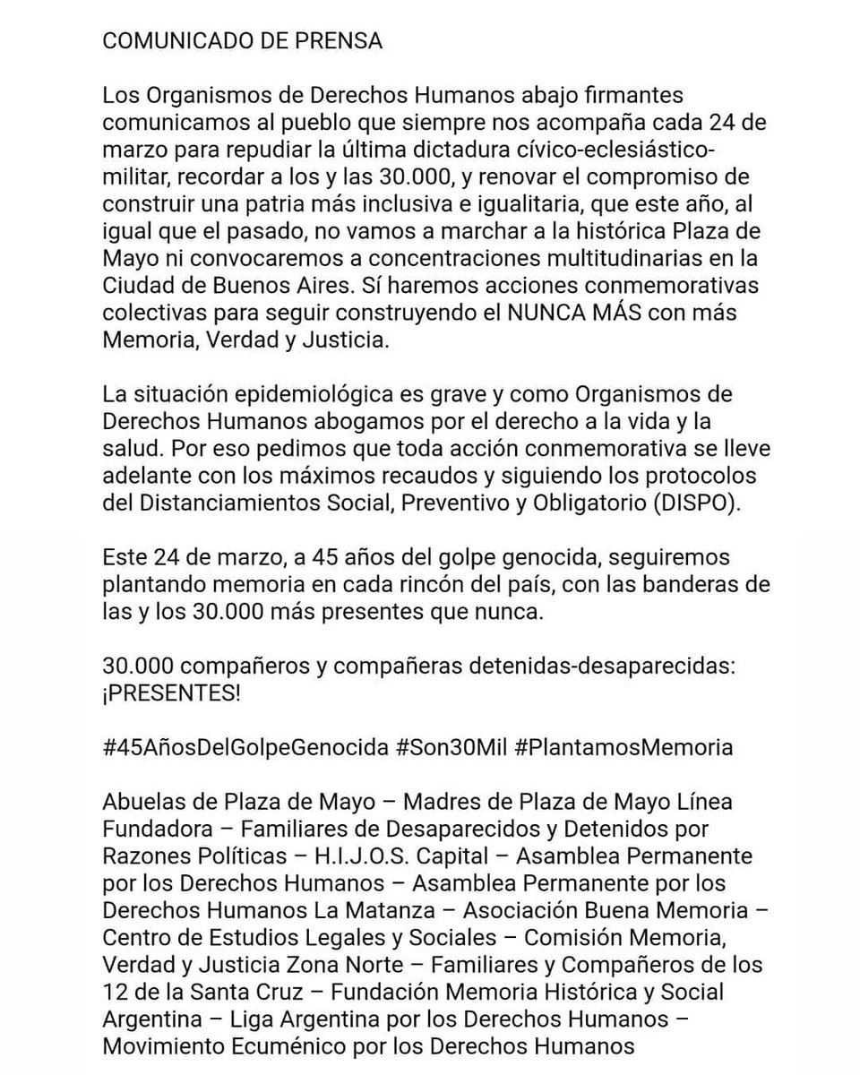 Organismos de derechos humanos de la Ciudad de Buenos Aires informamos que este 24 de marzo no marcharemos a Plaza de Mayo, pero haremos memoria con actos y acciones colectivas con los cuidados necesarios. Compartimos el comunicado de prensa completo. #45AñosDelGolpeGenocida