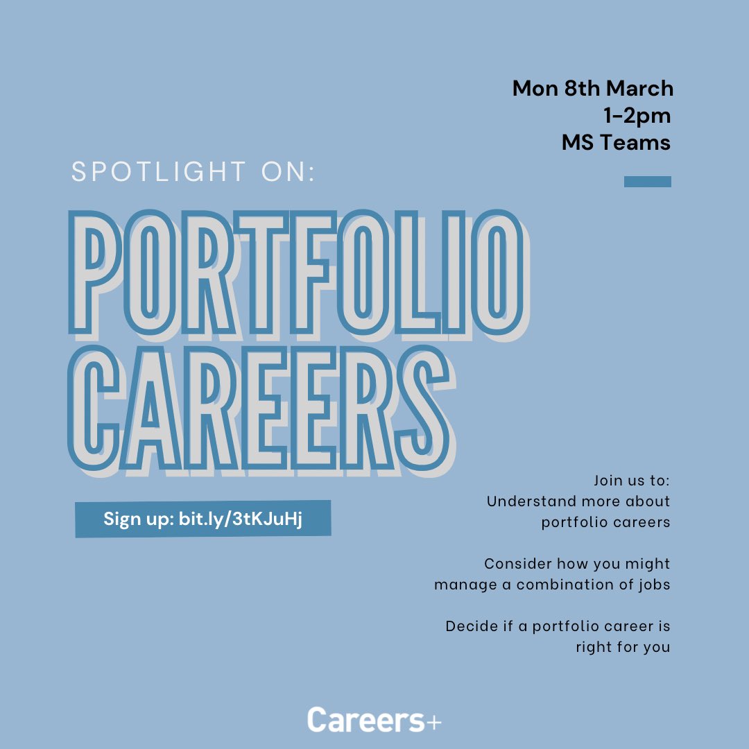 admcareersplus's tweet photo. Join us for Spotlight On: Portfolio Careers
📆Mon 8th March
⏰ 1-2pm
📍 MS Teams
〰 Understand more about portfolio careers
〰 Consider how you might manage a combination of jobs
〰 Decide if a portfolio career is for you
Sign up: https://t.co/9MS1zEOt48
#graduateplusweek https://t.co/ww1zdMKBiK