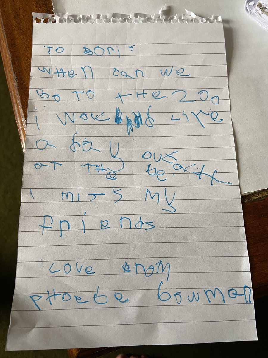 SexyBexyBidwell's tweet photo. @BorisJohnson 3 year old Phoebe asked this morning to write a letter to you because she wants to be allowed out again??! She would be over the moon to receive a reply from you!! 🥰 https://t.co/mklzEQqVJ5