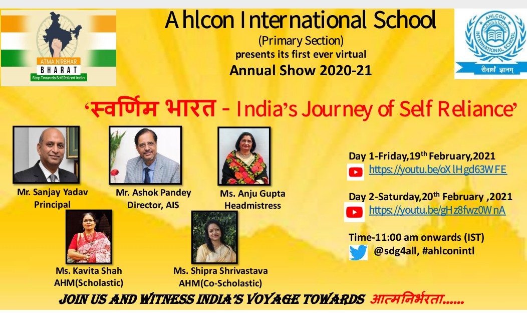 #ahlconintl Primary department presents first ever Virtual Annual Day! Come join us all to view our beautiful India on its journey of self reliance. <a href="/gupta_anju9/">Anju Gupta</a> <a href="/y_sanjay/">Sanjay Yadav</a> <a href="/PMOIndia/">PMO India</a> <a href="/ashokkp/">Ashok Pandey</a> <a href="/timesofindia/">The Times Of India</a> <a href="/sdg4all/">AhlconIntl4SDGs</a> <a href="/Shipra_Srivastv/">Dr. Shipra Srivastava</a> @KavitaS2003