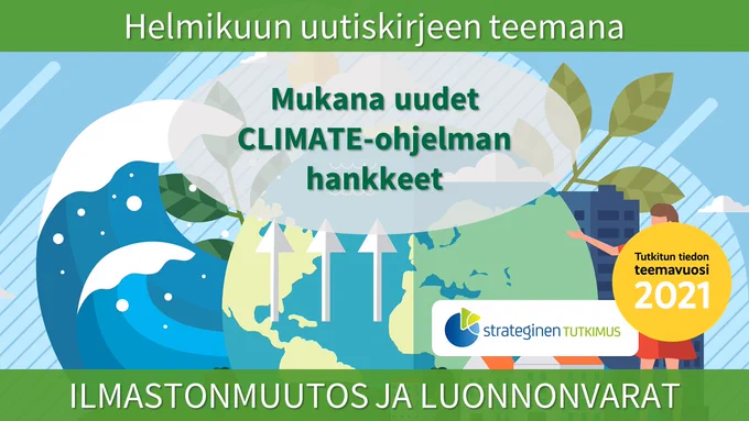 Helmikuun uutiskirjeen sisältöä mainostava kuva. Taustalla kuvituskuva, jossa kuvataan piirroskuvassa maapalloa ja luonnonvaroja. Kuvituskuvassa mm. maapallo, aaltoja, luonnon kiertokulun nuolia, talojaja kiertokulkua esittelevä ihmishahmo. Kuvan päällä teksti: Helmikuun uutiskirjeen teemana ilmastonmuutos ja luonnonvarat. Taustakuvan päällä oikeassa reunassa strategisen tutkimuksen ja Tutkitun tiedon teemavuoden logot.