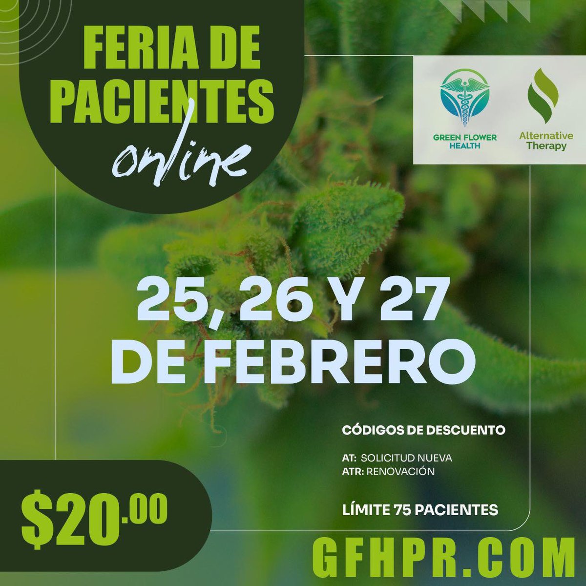 AltTherapyPR's tweet photo. 📣 Feria de Pacientes 
$20.00
Límite 75 pacientes
🗓 25, 26 y 27 Feb.

1. Acccesa https://t.co/UXdAwY756c
2. Utiliza el código:
👉 AT - Nuevo
👉 ATR - Renovación
4. El paciente debe ir a buscar sus documentos en Alternative Therapy, Caguas o Carolina https://t.co/1jKxIUSuix