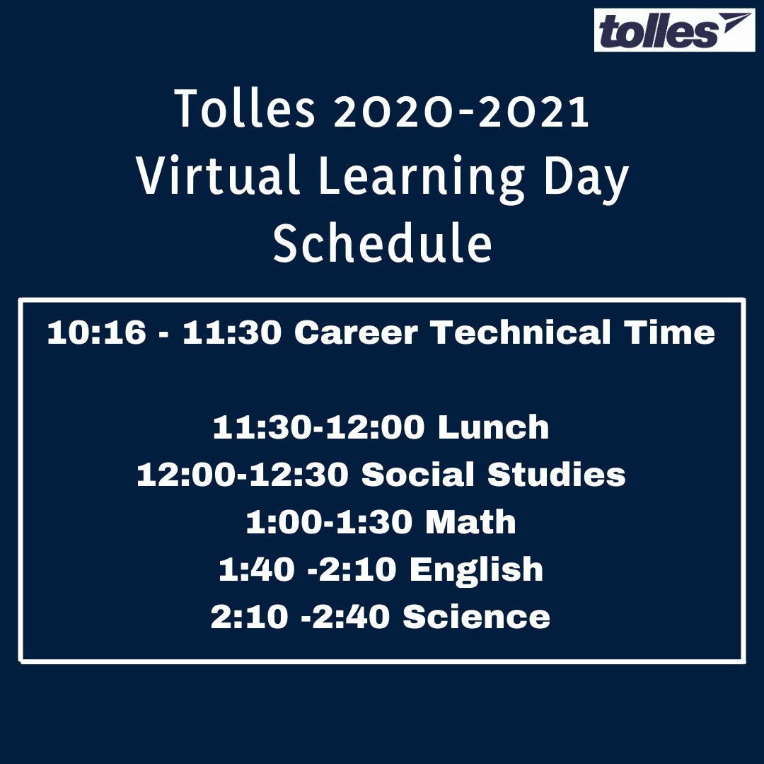 TollesTech's tweet image. Attention Tolles Thursday students. Here is today's remote learning schedule. @MrsStrebe @TollesSupt
