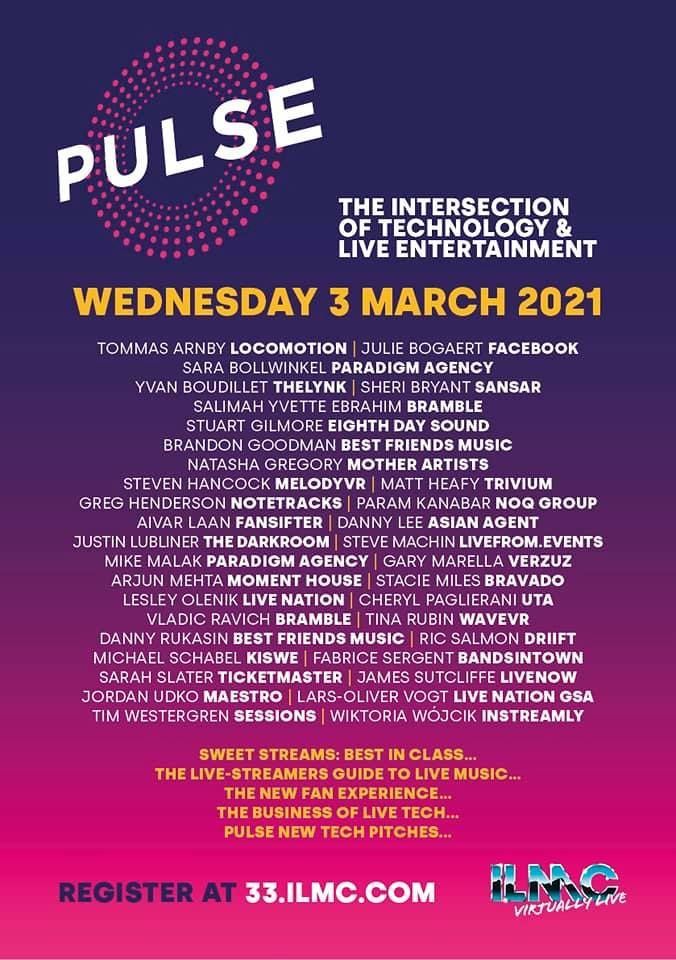 #Pulse is just around the corner. Proud of the outstanding lineup of speakers who will share insights &amp; vision for the future of Live Music. Join us 👉 33.ilmc.com/pulse/ #ILMC33 #Live #MusicBiz #XR #Livestream #VR #MusicTech #Esport