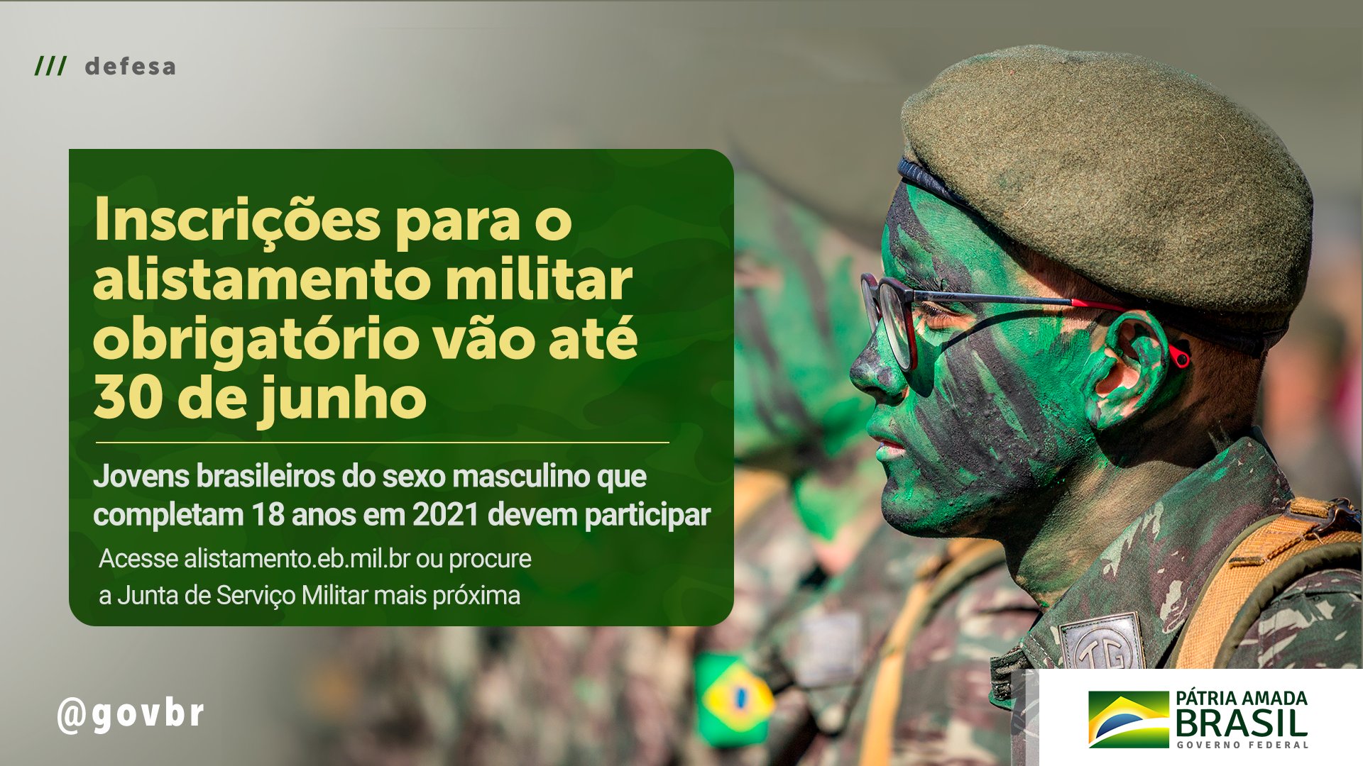 Exército Brasileiro 🇧🇷 on X: Se você é do sexo masculino e completa 18  anos em 2022, você deve se alistar para o serviço militar até 30 de junho.  ATENÇÃO: não é
