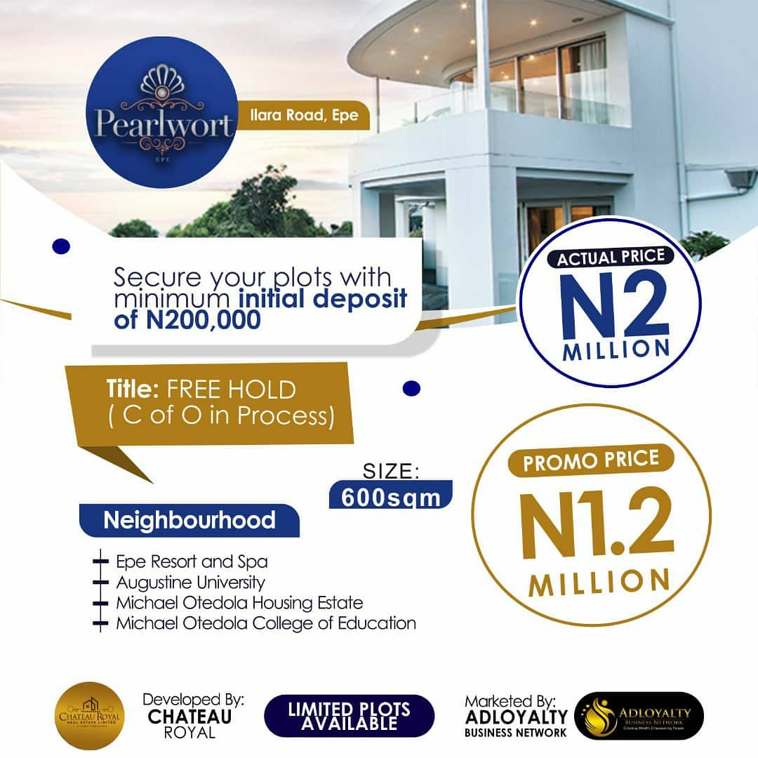 Adloyalty_bn's tweet photo. ESTATE OF THE DAY

PEARLWORT, EPE
The Pearlwort is a place where expectations are turned into reality. The Epe Property terrain is attracting major investors as its poised to generate great capital appreciation and huge returns on Investment. 

#adloyaltybn #realestate #realtors https://t.co/ofrpxFz1qP