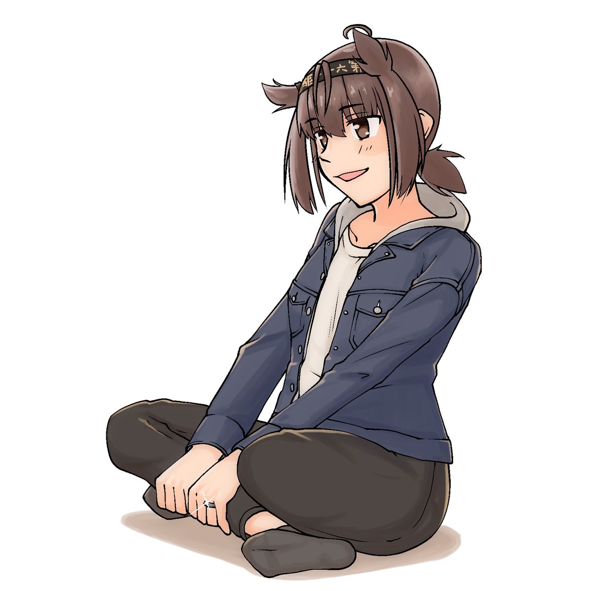 hatsuzuki (kancolle) 1girl solo sitting pants jacket white background brown hair  illustration images