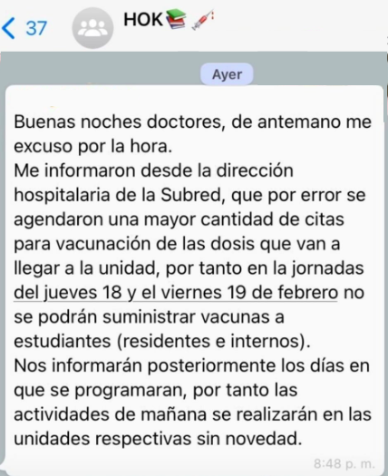 LuisCarlosLealA's tweet photo. Recibo información de Residentes que después de ser agendados para vacunación ya no la recibirán

El proceso de vacunación debe ser sincero y organizado, no generar falsas expectativas como lo hizo el Gob Nal

@SubRedSurOcci y @SectorSalud esperamos claridad frente a este impase. https://t.co/2NlNX3id0Q