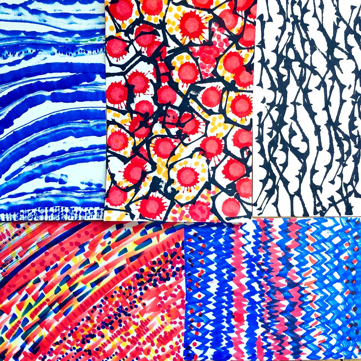 SarahMillin1's tweet photo. Some more patterns, inspired by the pattern postcard challenge, day 3. I took my inspiration mainly from snakes and used my favourite colours red and blue to create marks. #thepatternsocial #patternpostcardchallenge #markmaking # https://t.co/4VEEvM01la