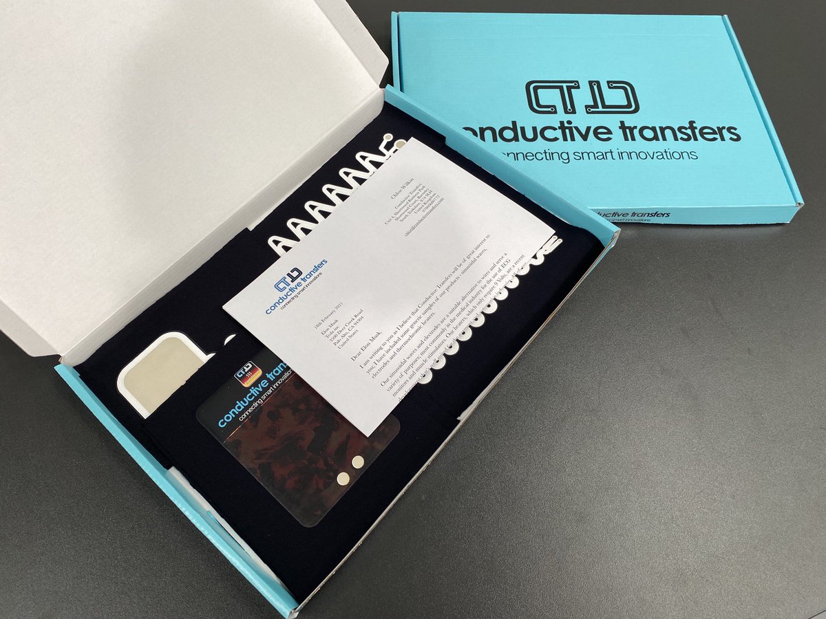 conductive_t's tweet photo. Networking during a pandemic consists of sending out samples to potential clients. We’re hoping @elonmusk is intrigued by his sample pack.👀

#conductivetransfers #innovation #wearabletech https://t.co/xMQwmB9V4w