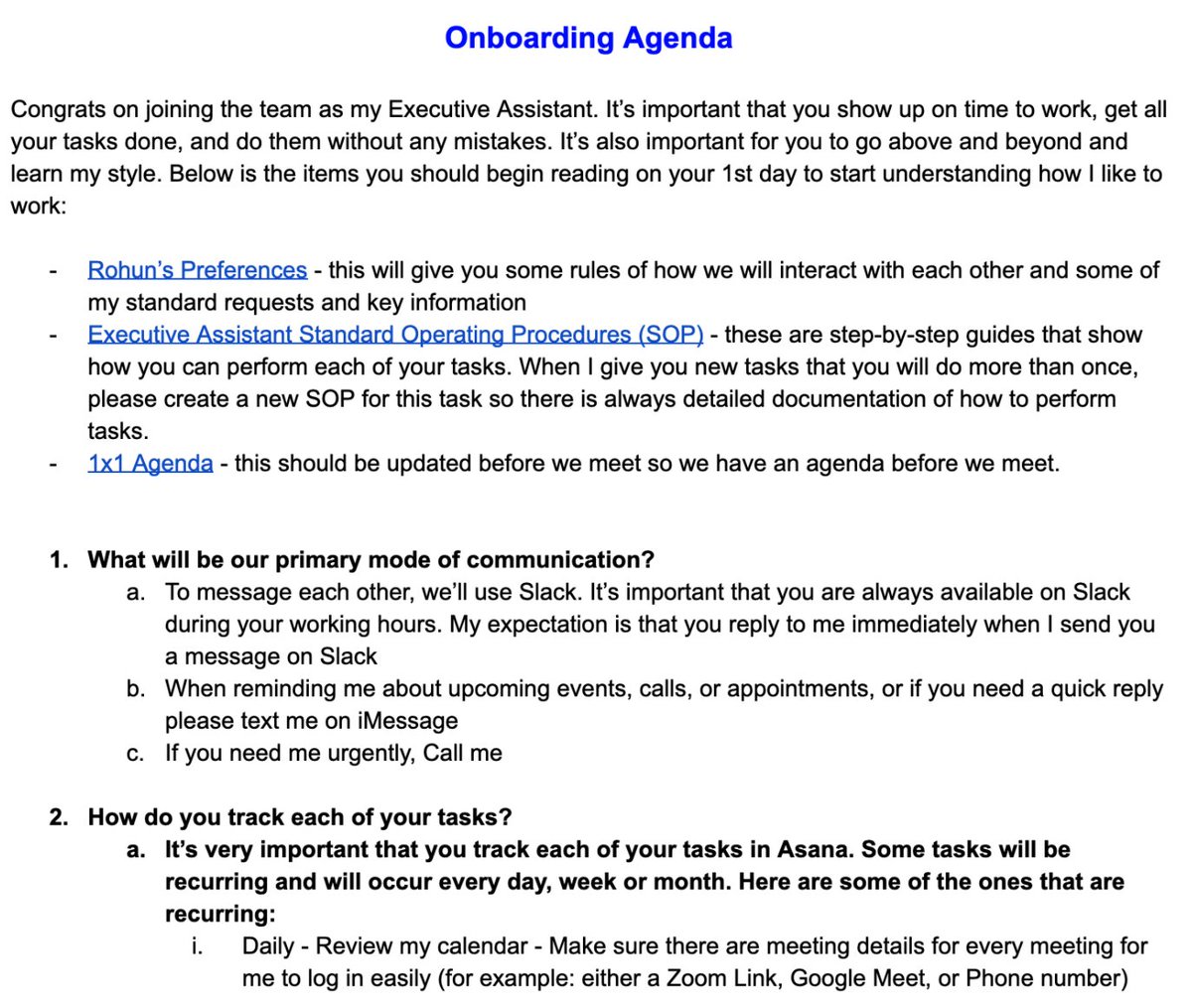 The 1st step: Create an Onboarding Agenda. This includes1- How you like to Communicate (Slack, Asana, Text, etc.)2 - How your VA should keep you up to date on tasks3 - How often do you meetHere's a snippet of mine: