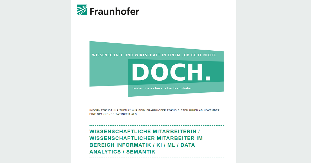 fraunhoferfokus's tweet photo. 📣 Wissenschaftliche/r Mitarbeiter/in (m/w/d) im Bereich Informatik, KI, #MachineLearning, Data Analytics, #Semantik gesucht! Unser #DataAnalyticsCenter freut sich auf Bewerbungen ➡️ https://t.co/wTX08muvDg Bewerbungsfrist: 23.2. Ein Blick in unser Stellenportal lohnt sich immer! https://t.co/NhIKJ6oe4p