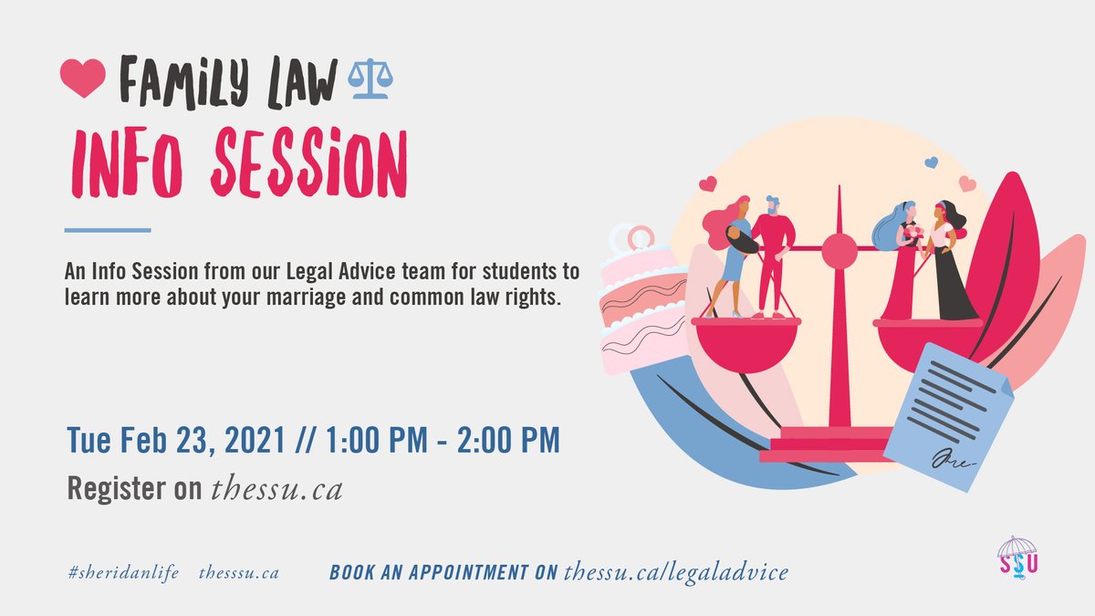 Join <a href="/the_ssu/">Sheridan Student Union</a> and their in-house lawyer for the upcoming Family Law Info Session on February 23 at 1 pm.

This legal info session will help you better understand your rights within marital and/or common-law relationships. bit.ly/3pFnHhy?utm_so…