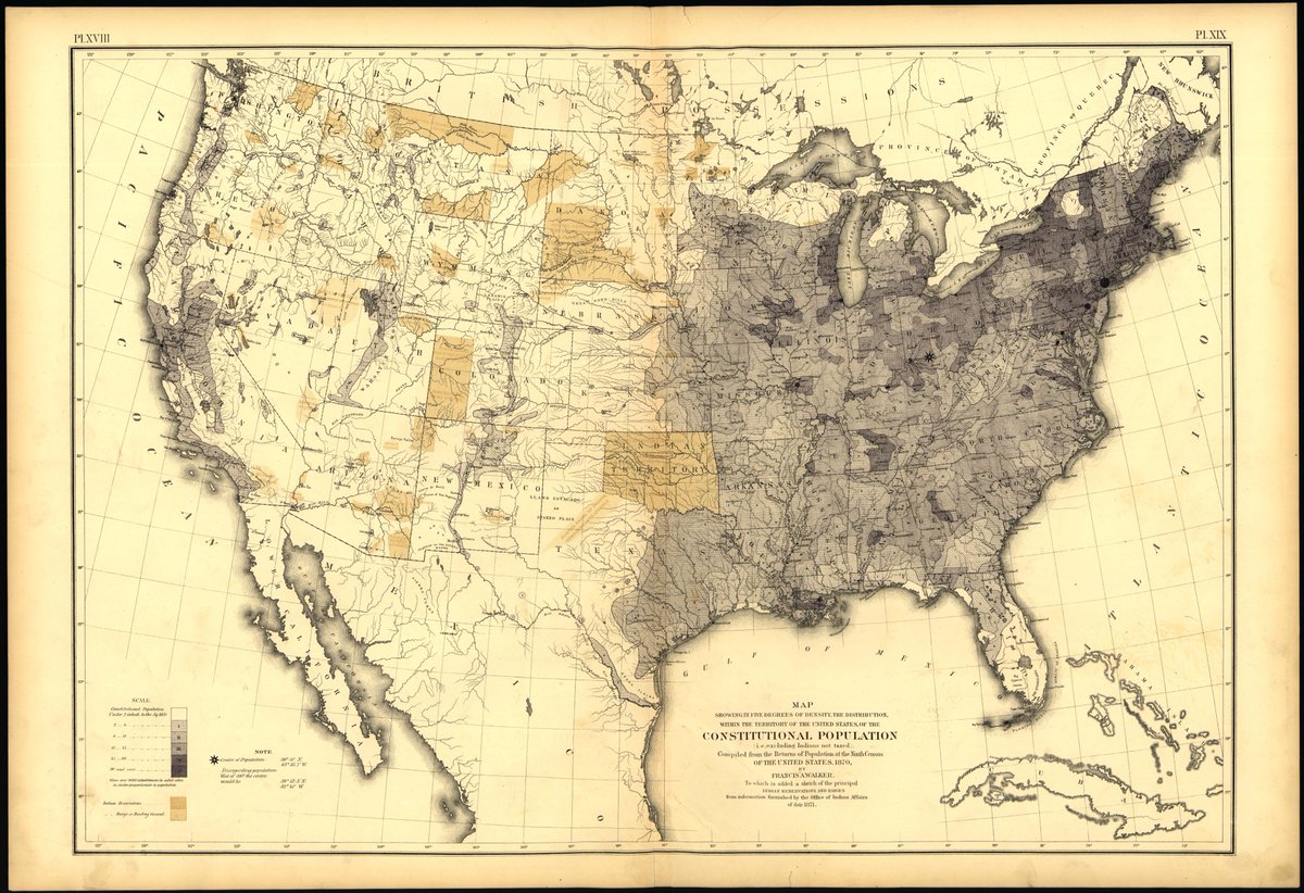 This  #ThrowbackThursday, some maps to show how Native Americans were erased from the census. The first map of "population" distribution & density was produced by Superintendent of the Census Francis Walker for the 1870 census (you can see why the quotation marks). 1/