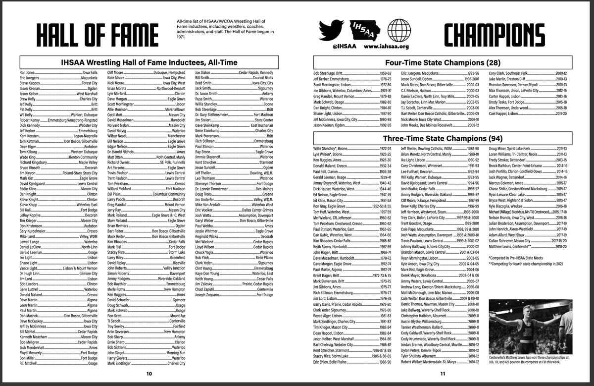 sstormwrestling's tweet photo. We see some familiar names in the four-time and three-time state champion lists in the @IHSAA 2021 State Wrestling Tournament program!

#ONESimpson | #rollriversWRESTLE https://t.co/cV9J3B9ryd