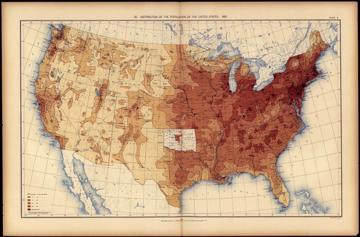 I find the 1890 map quite revelatory. Also this text verbatim from the Census site "Population distribution maps from the mid-nineteenth century show a vast and unsettled midsection of the country that is gradually filled in as the frontier shrinks and closes entirely by 1890" 2/