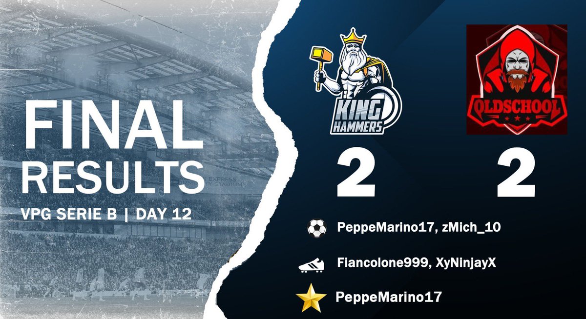 🎙 CAMPIONATO <a href="/VPG_Italy/">VPG Italy</a> 

📌 PLAYDAY 11

🏠 @qlash_min 1-0
⚽️ @xyninja9yx 
🥇 <a href="/Luigi_SL/">Luigi_SL</a> 

📌 PLAYDAY 12

🏠 @oldschool_fifa 2-2
🪄 <a href="/fiancolone999/">Fiancolone999</a> 
🪄 @xyninja9yx 
⚽️ @Peppemarino17 
⚽️ <a href="/zMich_10/">Mich</a> 
🥇 @Peppemarino17 

<a href="/king___esport/">King Esport</a>