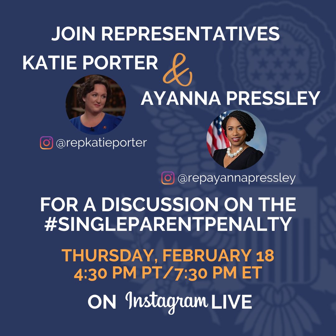 TeamKatiePorter's tweet photo. The COVID relief bill gives single parents *less help* than married couples—even though single parents are solely responsible for housework, childcare, and their full-time jobs. TODAY, @RepPressley and are teaming up to talk about why the #singleparentpenalty must be dropped ⬇️⬇️ https://t.co/zxM5QbOtiC