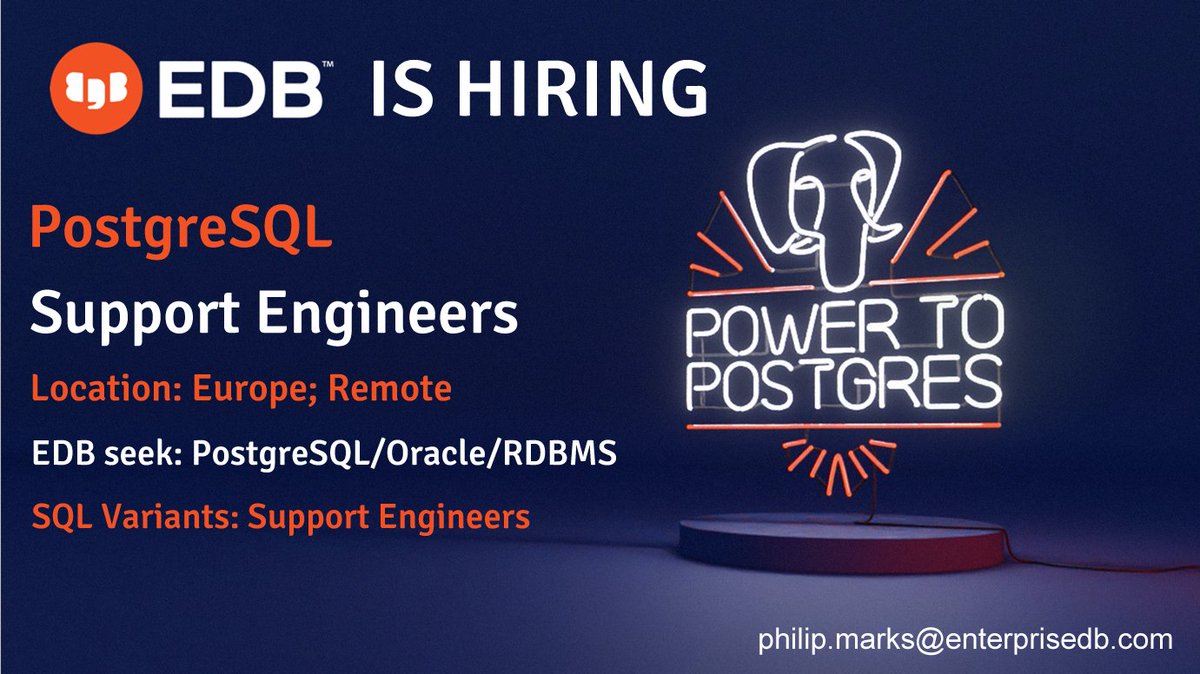 PhilipMarks's tweet image. @EDBPostgres Are hiring #postgres #SupportEngineers who can be based in most major European cities remote; links to apply here bit.ly/36UXvZl bit.ly/36ErX9F bit.ly/3aJV111