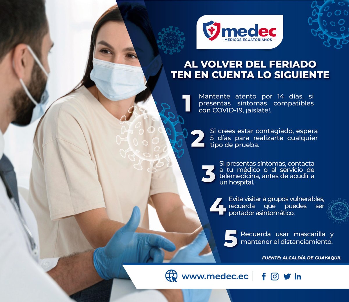Medec_ec's tweet photo. Volvimos del feriado, y es importante que tomemos en cuenta las siguientes recomendaciones en tiempos de Covid-19
👉No bajes la guardia, la pandemia aún está entre nosotros.
.
.
.
#medec #medicina  #protección #bioseguridad #guayaquil #Quito #Machala #Manta  #medicos #pandemia https://t.co/XvqI8HiMoj
