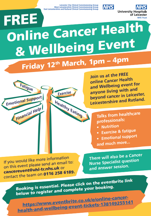 FREE Online Cancer Health and Wellbeing event for anyone living with, and beyond cancer, 12th March 2021 1.00pm.  To book bit.ly/3jfRg7m  <a href="/Leic_hospital/">Leicester's Hospitals</a> <a href="/UHLcancercentre/">UHL Cancer Centre</a> <a href="/HeadleyCat/">Cat Headley</a> <a href="/NatalieHallam/">Natalie Hallam</a> @RachVyas <a href="/_ClareProctor/">Clare Proctor 🌈💙</a> <a href="/MacmillLeics/">Macmillan info Leicester</a>