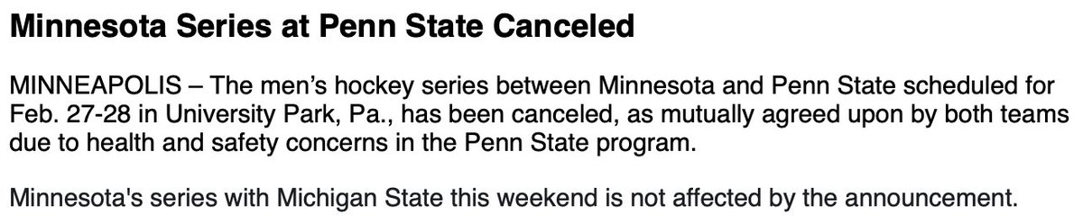 Big news from the #Gophers series that was supposed to happen at the end of the month.
Still on against Sparty this weekend, but Penn State series is not going to happen. https://t.co/Ey6KrhBt5A