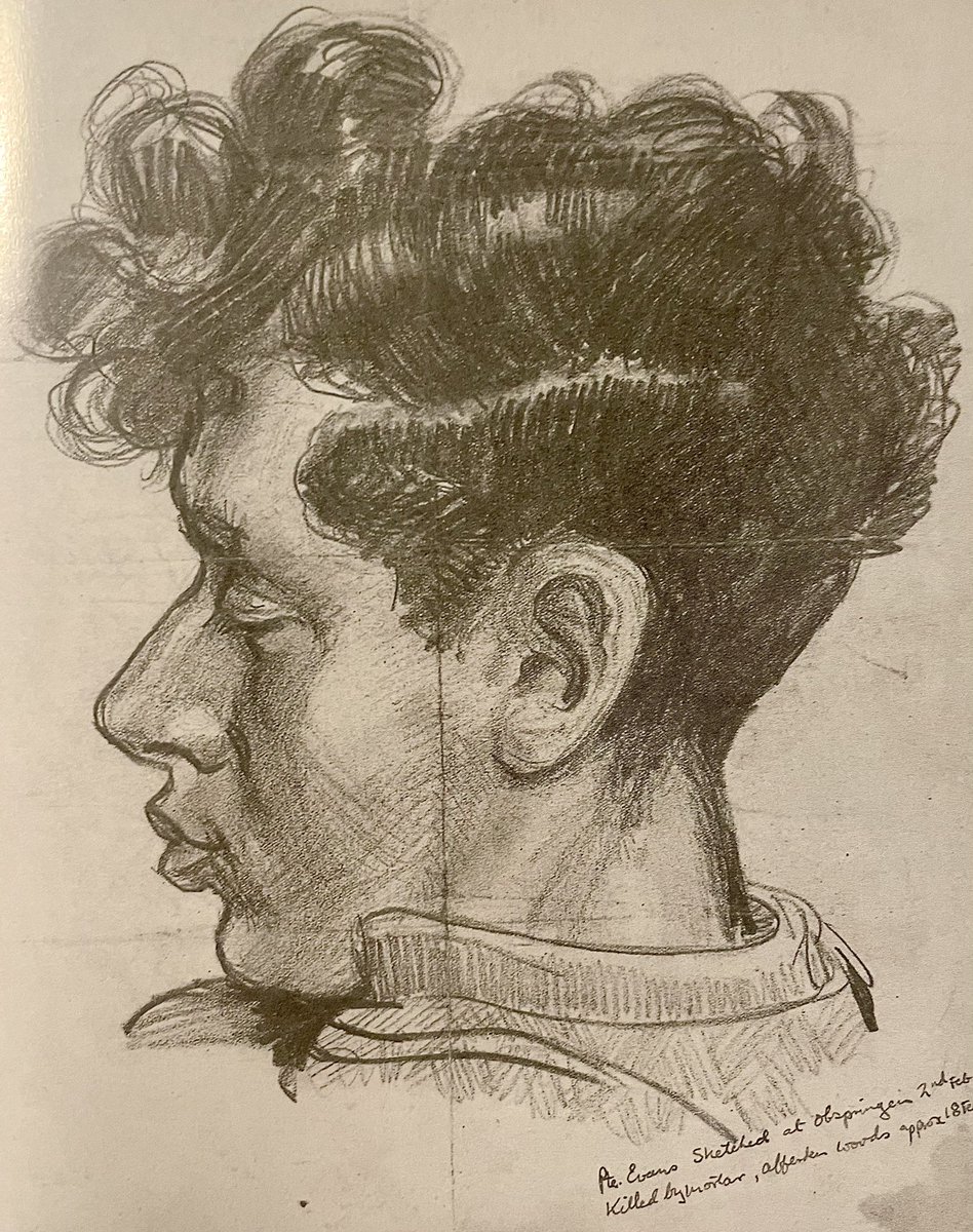 4KOSB went to ground, 1 Churchill was brewed up & 1 disabled as well as an AVRE & a Weasel. 2 of Whites men were killed by mortar fire, notably Pvt Evans who had sung to the platoon 24hrs before behind the lines. Whites sketch of Evans is here.  @WeHaveWaysPod  @almurray