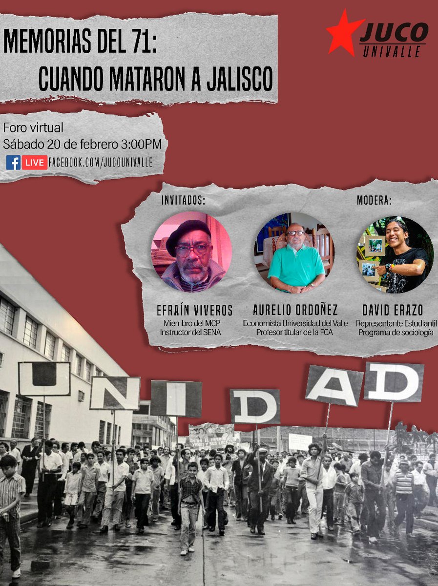 Conversatorio. 

"Memorias del 71: cuando mataron a Jalisco", en conmemoración de los 50 años de los sucesos de febrero del 71 en la Universidad del Valle.

<a href="/JaimeCaycedo/">Jaime Caycedo</a> <a href="/AidaAvellaE/">Aída Avella senadora de Colombia</a> @Gabocolombia76 <a href="/DiegoVelezGar/">Diego Vélez</a>