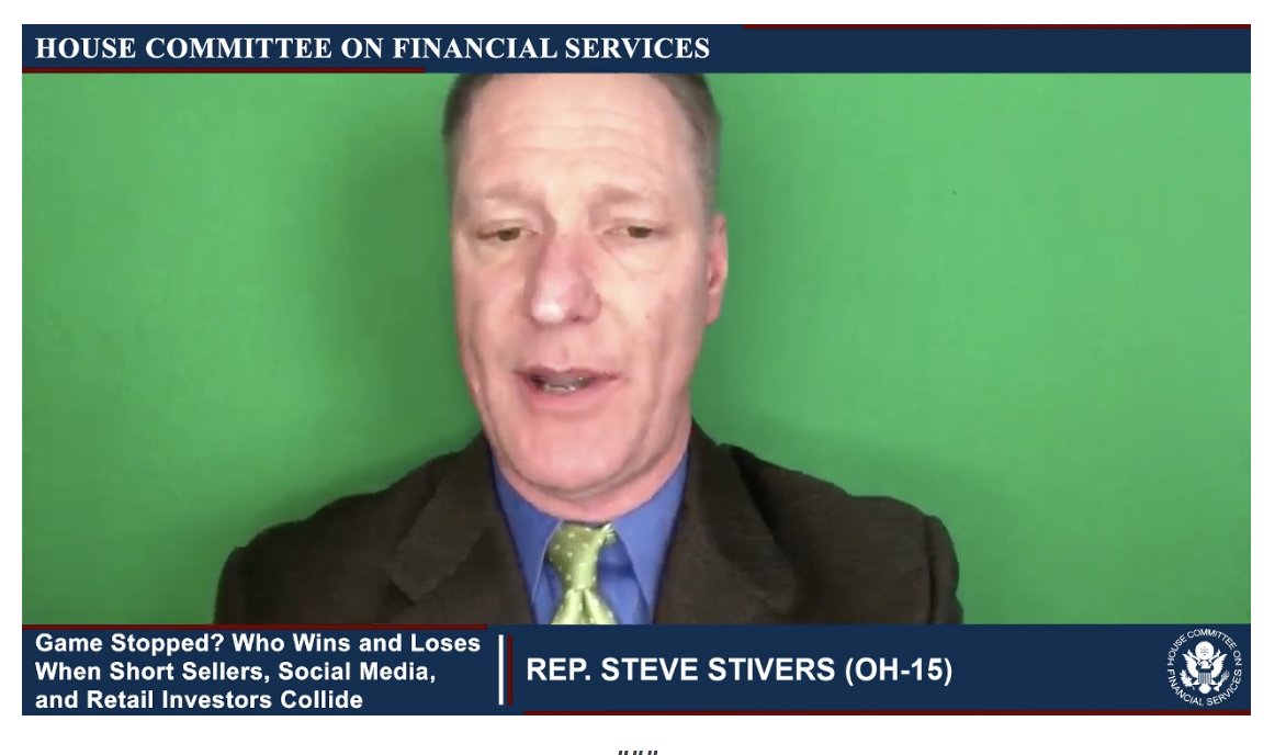 Rep. Stivers is a whiner. There will be other hearings, but he's complaining it's only industry people and not regulators speaking. He wants to talk about T plus 2 settlement.68/