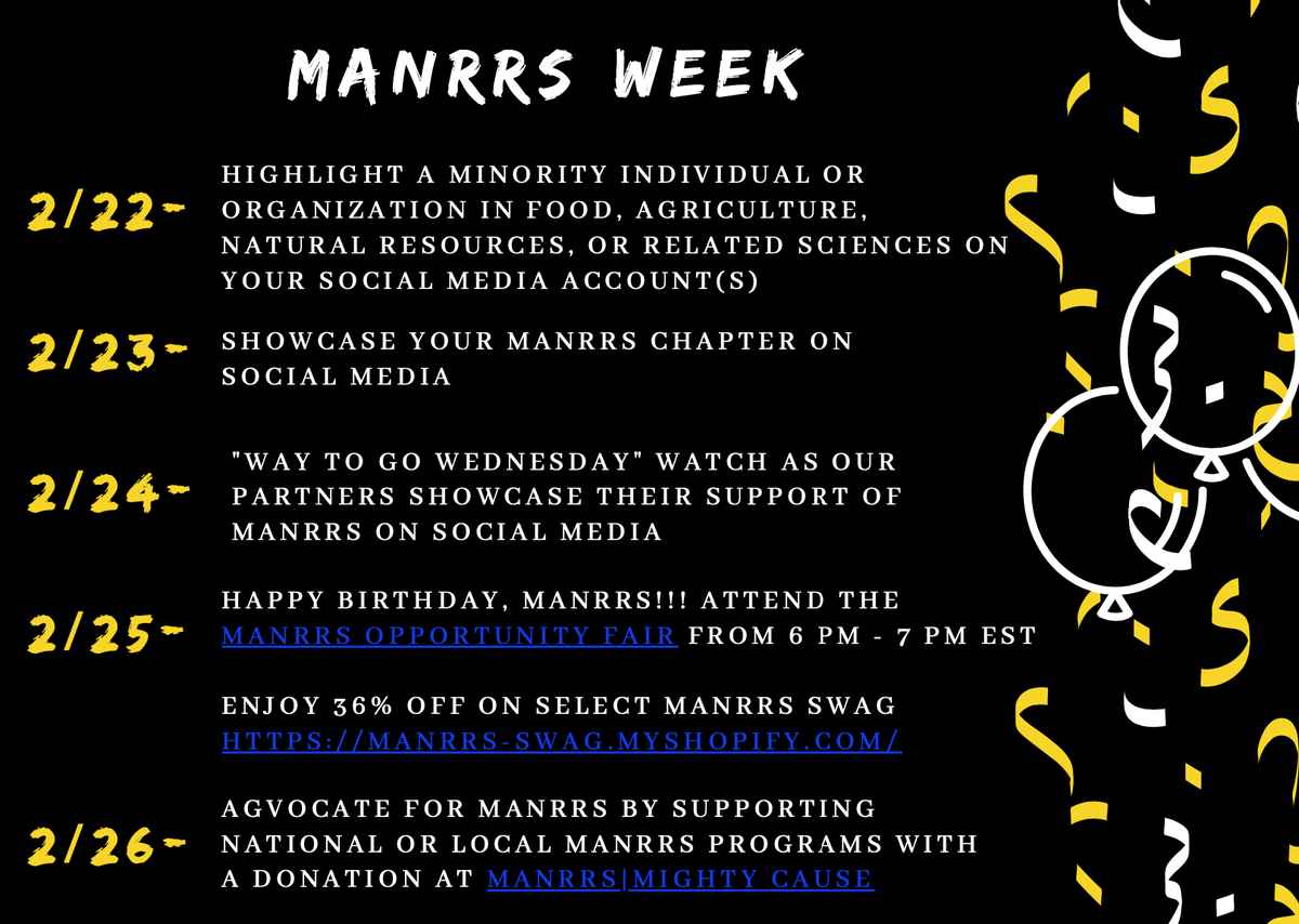 NationalMANRRS's tweet photo. Join MANRRS for our 36th birthday celebration with a full week of activities for MANRRS Week February 22nd - 26th!
#MANRRS #MANRRSWeek #WeAreMANRRS #HBMANRRS https://t.co/XoZddVBdsk