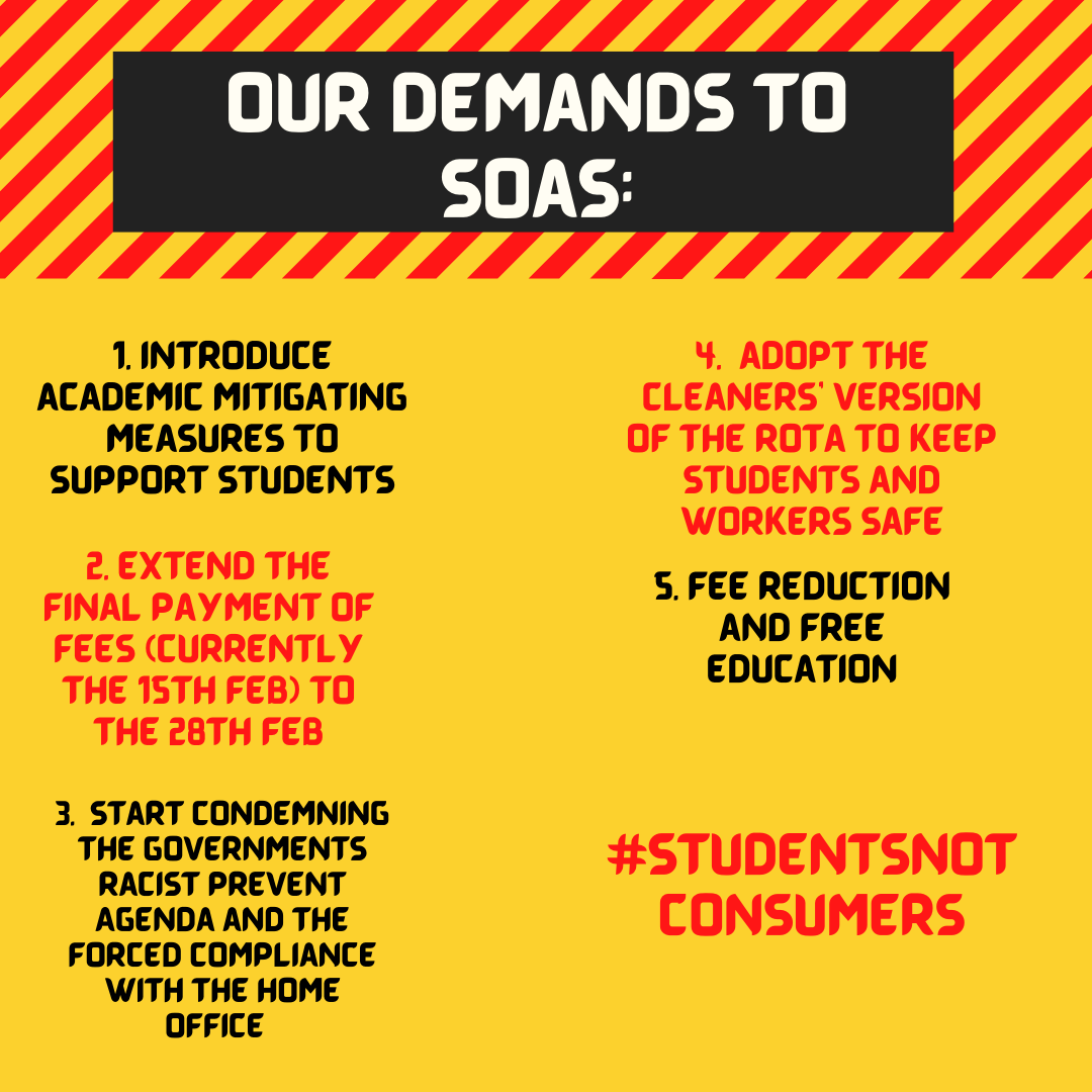 soaswtfees's tweet photo. Our updated demands! Calling for action from @SOAS and the Government! #studentsnotconsumers #liberatetheuniversity #9k4what #studentsdeservebetter #staffdeservebetter #soaswtfees https://t.co/jVYlAIeSJk