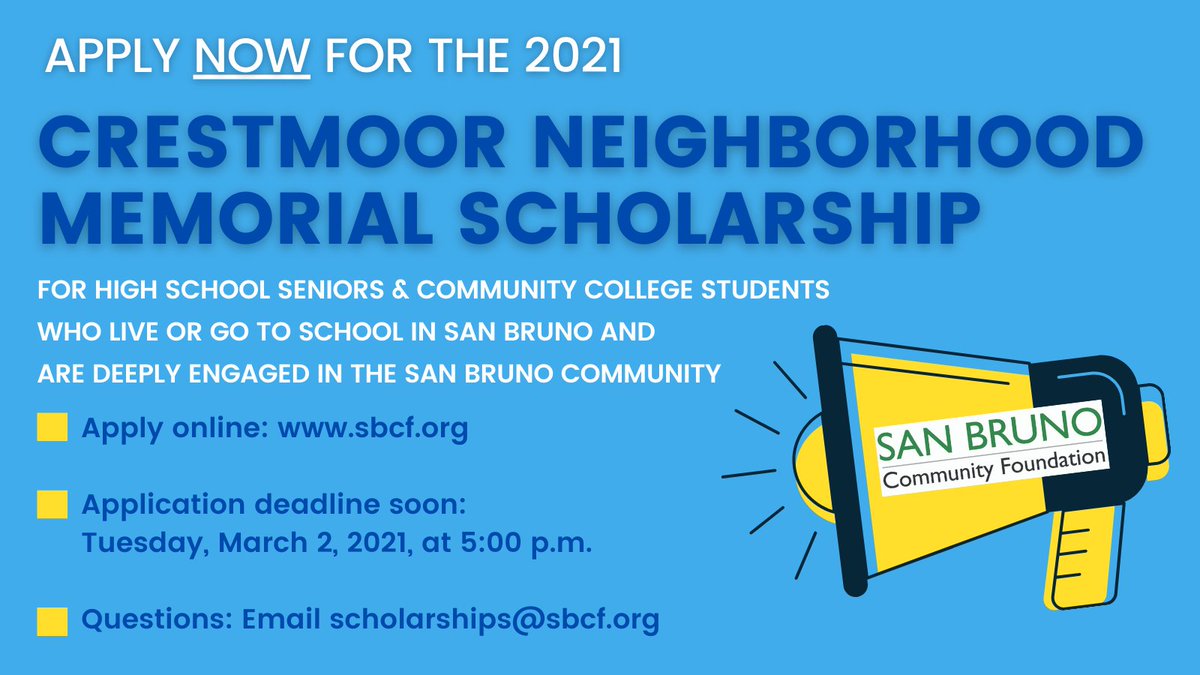 Less than two weeks until the March 2 deadline! We will be awarding $190,000 in Crestmoor Scholarships this spring to San Bruno students. #college #scholarship sbcf.org/scholarships