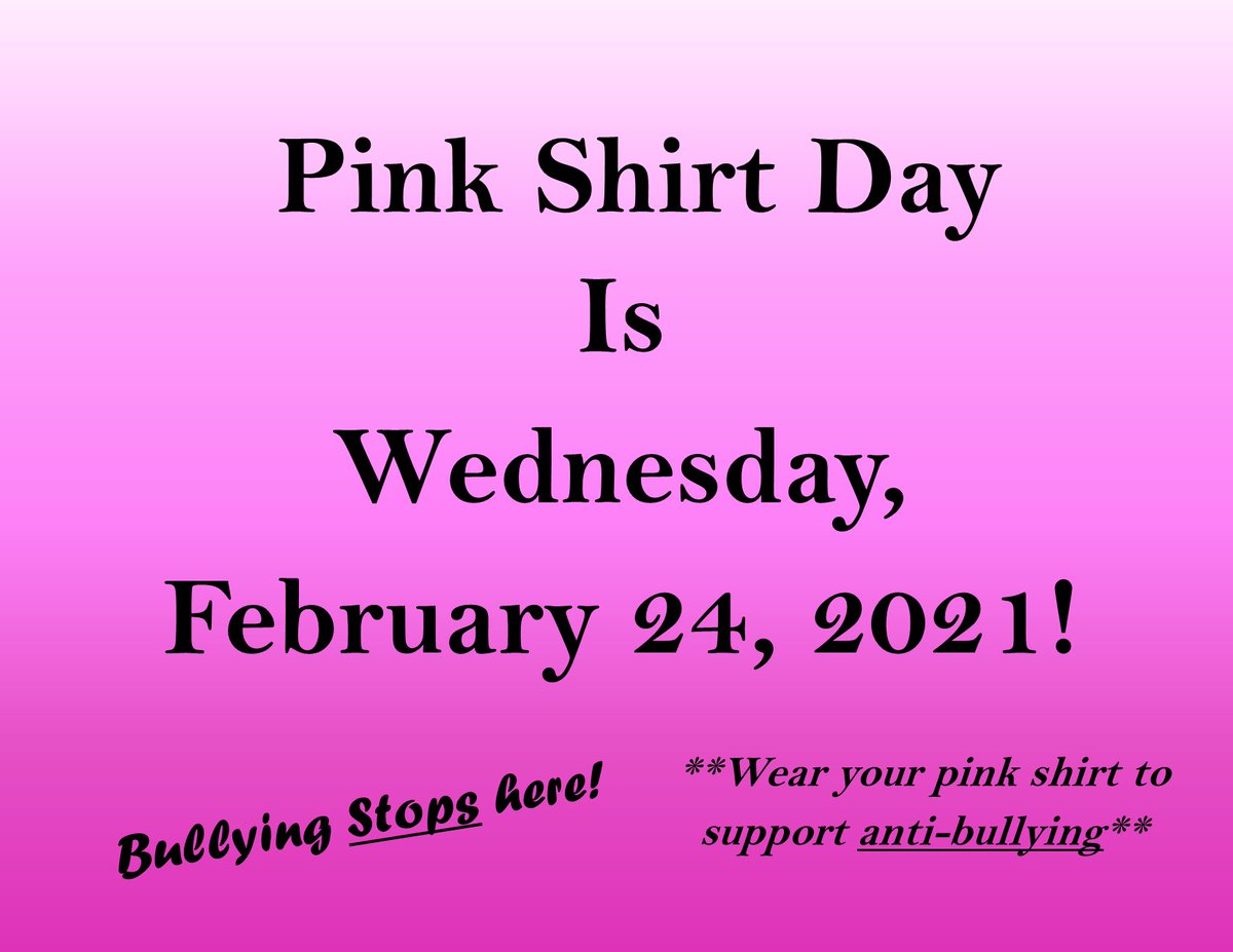sd35lec's tweet photo. Wear your pink shirt on Wednesday, February 24th to support anti-bullying! Bullying stops here! #pinkshirtday #pinkshirtday2021 #antibullying #think35 #mysd35community #diversityandrespectweek @langleyschools @SD35CareerEd https://t.co/qffHiG5cAF