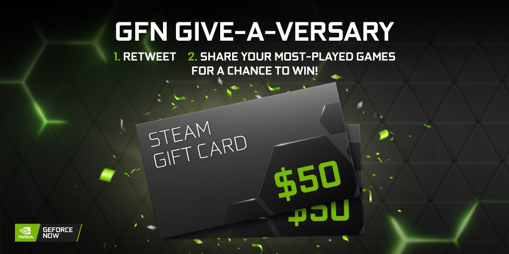 NVIDIAGeForceUK's tweet image. We like big game libraries and we cannot lie.

🔁 Retweet
🖼️ Reply with a screenshot of your last played games on GFN 

... for a chance to win a $50 Steam gift card (for even more games, whee). Check back next #GFNThursday for our final anniversary giveaway."