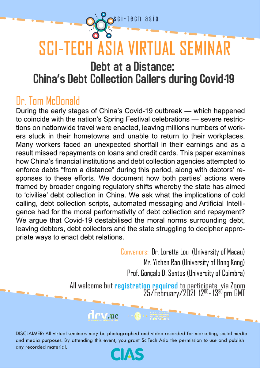 SciTechAsia's tweet photo. "Debt at a Distance: China’s Debt Collection Callers during Covid-19"
Dr. Tom McDonald (University of Hong Kong)
February 25, 2021, 12:00–1:30 PM GMT
All welcome but registration required
RSVP https://t.co/UjZEdSR9UA https://t.co/2jPyO8TjlK