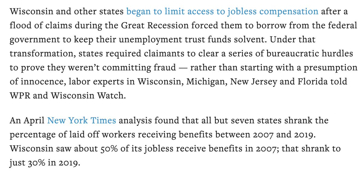 But the thing about our unemployment system is that while it's hugely overwhelmed, it basically doing what it was designed to do.During the Walker era the state enacted a series of laws toughening access to unemployment insurance in the name of limiting fraud and saving money