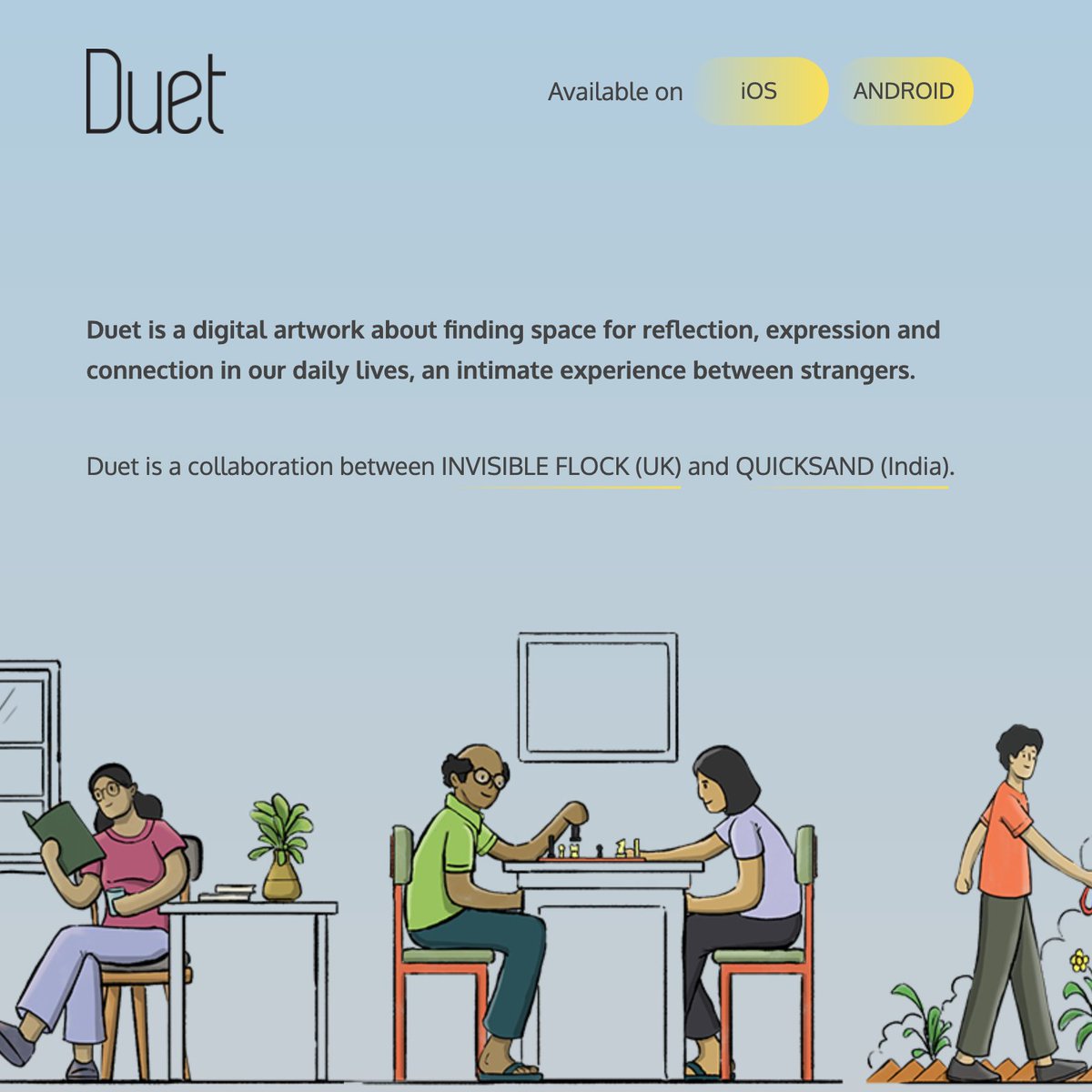 "...we can learn a lot about ourselves and our true feelings when we aren't surrounded by our usual identities..." A participant in the digital art app, Duet, shares a reflection of the experience. Thanks to <a href="/helloQS/">Quicksand</a>, and <a href="/invisibleflock/">invisible flock</a> for sharing their work with <a href="/uxWaterloo/">uxWaterloo</a>.