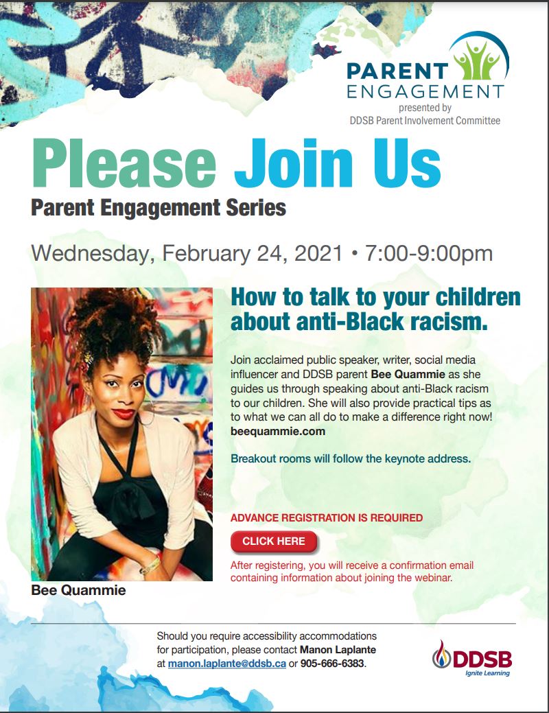 DurhamAltSS's tweet photo. Click this link 2 register for @DurhamDSB Parent Engagement Committee Event Wed.Feb.24th 7-9pm "How to Talk to Your Children about Anti-Black Racism" w Ontario's Bee Quammie. Practical tips for making a difference will be included. #equitableoutcomesforall https://t.co/aWgfZcOVBb https://t.co/wTVLIMuqKA