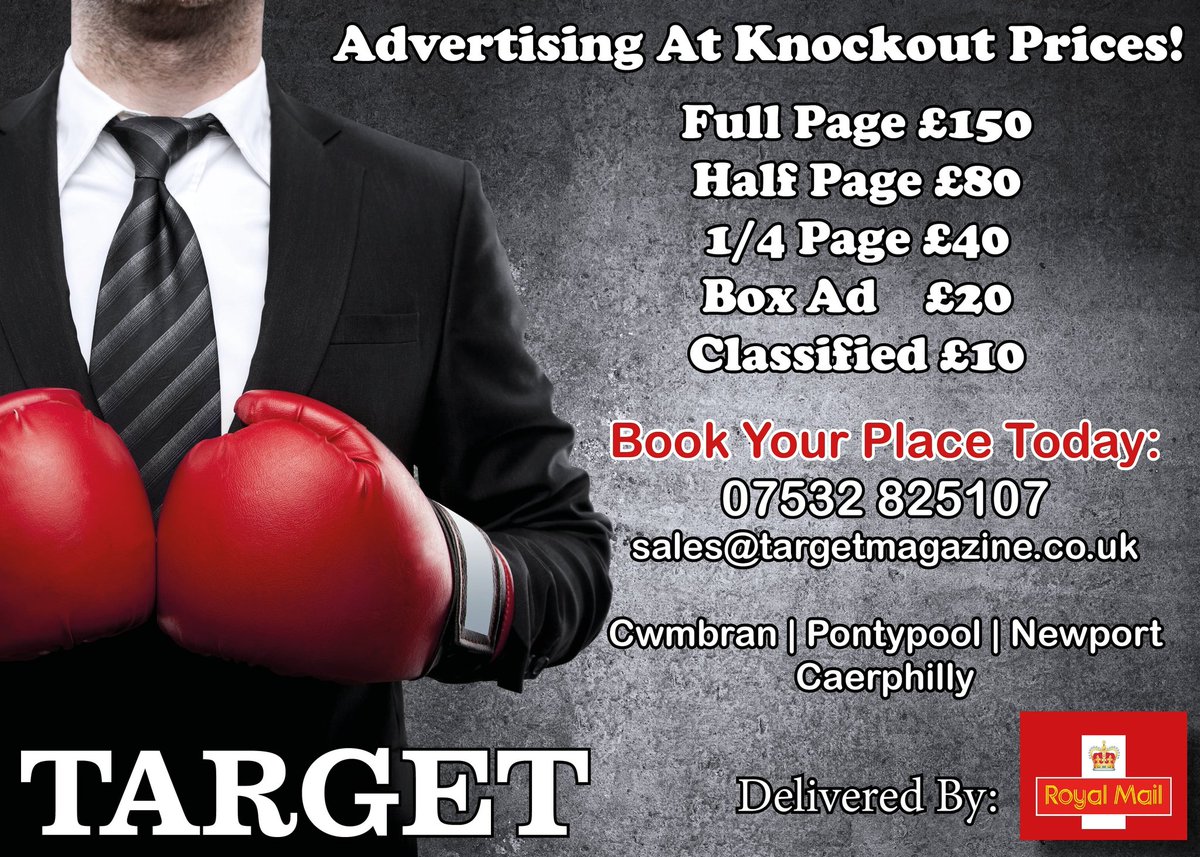 Guaranteed Royal Mail delivery at a fraction of the cost in Cwmbran, Newport, Pontypool and Caerphilly.

Contact us today sales@targetmagazine.co.uk 
07532825107
