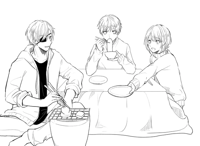 お題箱より「おこたでお餅食べながらまったりしてる周と双子」でした!
ありがとうございましたー! 