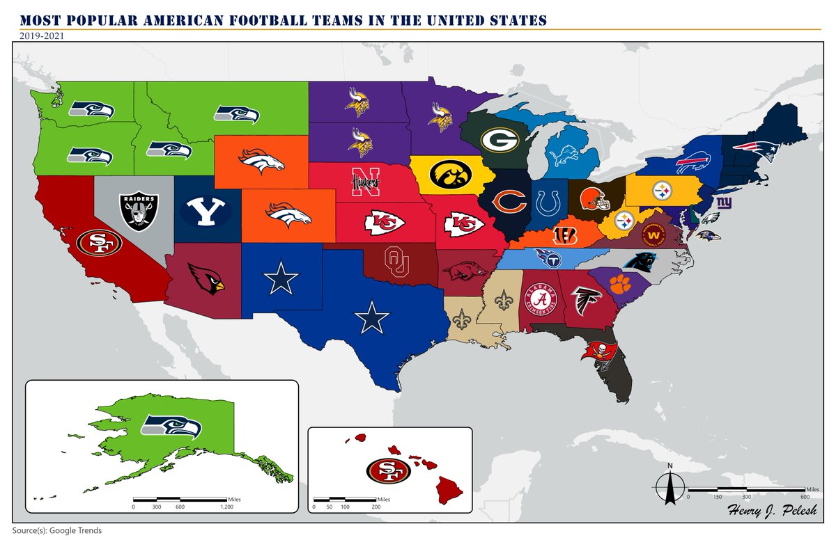 Most popular American Football teams in the USA from 2019-2021 <a href="/GoogleTrends/">GoogleTrends</a> data! #gischat #NFLTwitter #CollegeFootball #NCAAF