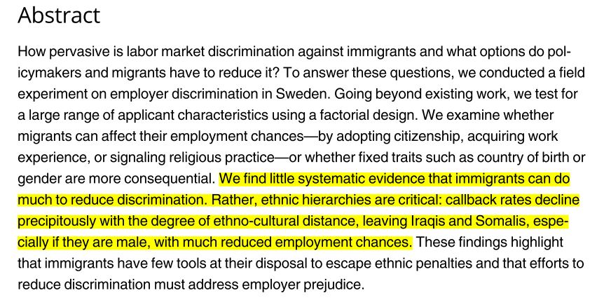 meosooli's tweet image. Likely an evidence of structural racism in Sweden, something rarely discussed!
"Can immigrants counteract employer discrimination? A factorial field experiment reveals the immutability of ethnic hierarchies"
#discrimination #sweden #employmet #immigration
journals.plos.org/plosone/articl…