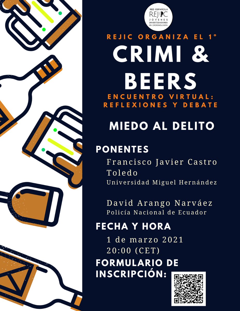 El 1 de marzo a las 20:00 (CET), tienes una cita con el #ICrimiBeers 🤓🍻 organizado por la <a href="/REJIC_difusion/">REJIC 💡</a>.
Como tema de debate, el "miedo al delito". Contamos como ponentes con <a href="/fjcastro_/">Francisco J. Castro-Toledo</a> y David Arango Narvaez.

Te lo vas a perder?

Inscríbete 👇🏻

docs.google.com/forms/d/e/1FAI…