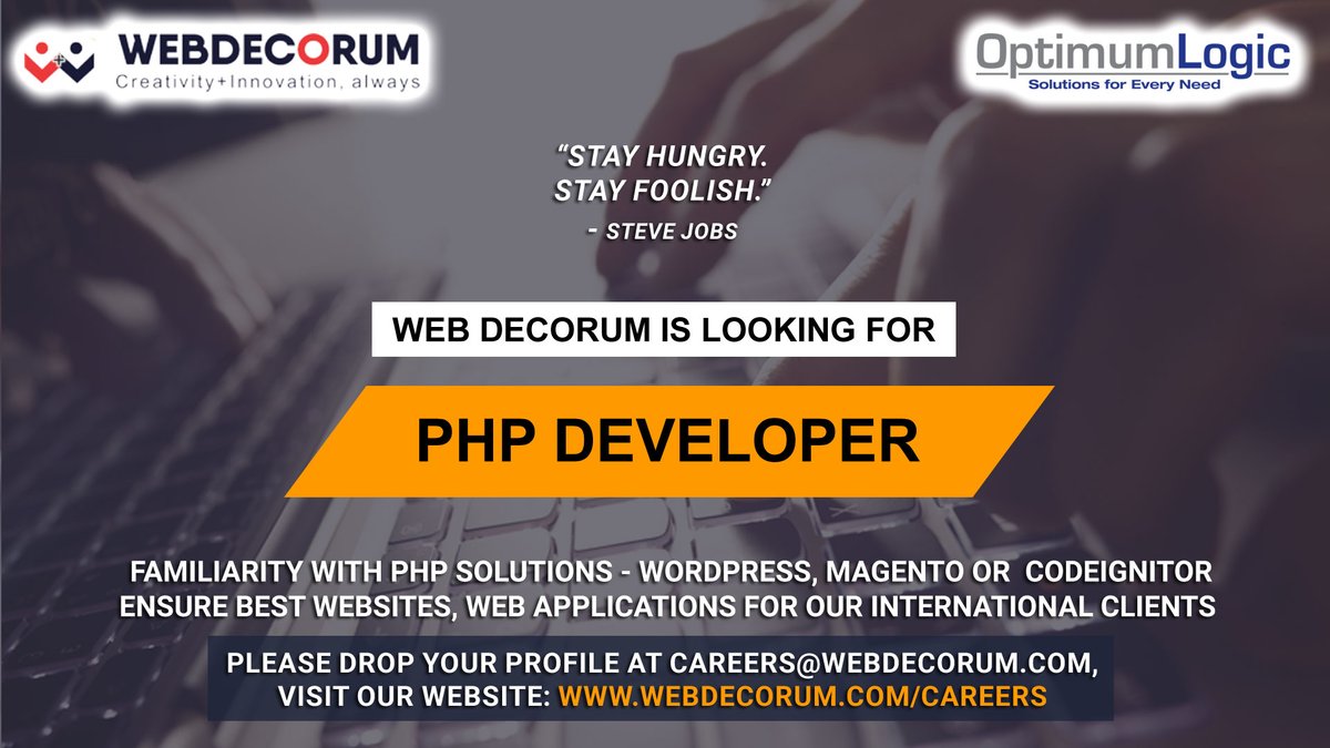 We are looking for a PHP Developer (1-3 years experience) with good knowledge in any one of WordPress, Magento2, CodeIgniter, or Laravel.

Apply online: https://t.co/r9OlQDL0EE or share your CV to careers@webdecorum.com

From https://t.co/TF0mJeesfN: https://t.co/23shR4Re3I https://t.co/legsUwzMFW