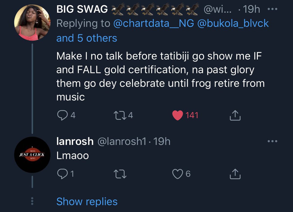 moneymi92962002's tweet photo. @Loner_vard @ChigweOf @chartdata__NG @wizkidayo @temsbaby @burnaboy @davido @joeboyofficial This guy no lie 😆 https://t.co/e6r6vriXHL