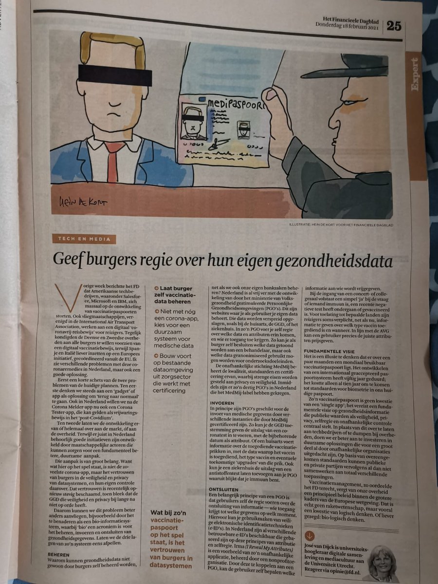 IRMA_privacy's tweet photo. Gezond pleidooi van José van Dijck @jvdijck in FD vandaag over delen van vaccinatiegegevens via bestaande infrastructuur, waaronder PGO's en IRMA. @MinVWS heeft honderden miljoenen in PGO's geinvesteerd, maar koppelt niet met test/vaccinatie info. Niet helemaal rationeel. https://t.co/XTQKCOVgjM
